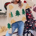 Pull de Noël en tricot pour femme avec motifs sapins verts et flocons dorés - S / Blanc Cassé