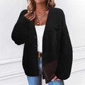 Cárdigan de punto negro para mujer con cuello en V, botones y textura de punto acanalado - S / Negro