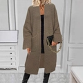 Lange bruine gebreide dames cardigan met open voorkant en grote opgestikte zakken - S / Khaki