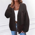 Chaqueta de punto negra para mujer con cuello en V, botones y bolsillo estilo casual holgado - S / café