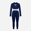 Detail van donkerblauwe yogaset met crop-top met capuchon en legging met hoge taille - S / Marineblauw Beha Leggings En Shrug