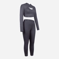 Detailweergave van antracietgrijze crop top met capuchon en bijpassende legging voor yoga - S / Grijze Beha Leggings En Shrug