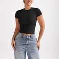 Camiseta negra ajustada de manga corta para mujer en tejido elástico con cuello redondo - S / Tops / Negro