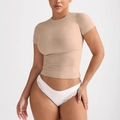 Camiseta beige ajustada de canalé con cuello redondo y alta elasticidad para mujer joven - S / Tops / Color Piel
