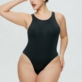 Close-up of black slimming bodysuit featuring wide shoulder straps and scoop neckline - 3XL / Top (Sleeveless) / Black