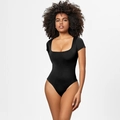 Detail of square neckline and ribbed knit texture on the black short sleeve bodysuit - 3XL / Short Sleeve Square Neck Style / 37314 Black