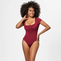 Detail of burgundy bodysuit with square neckline, short sleeves and high cut leg fit - 3XL / Short Sleeve Square Neck Top (37314) / Red