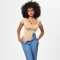 Detail of square neck short sleeve bodysuit in khaki paired with light blue denim jeans - 3XL / 37314 Apricot