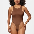 Detailed close-up of brown high-cut bodysuit with sleeveless racerback and elastic fabric - 3XL / Top (37307) / Brown