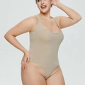 Detailed view of the ribbed knit fabric texture on a beige sleeveless bodysuit - S / Wide Straps U-Neck(38915) / Apricot