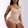 Detail view of seamless nude bodysuit with adjustable straps and tummy control texture - S / Triangle Style / Nude
