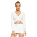 Detail of white rib-knit two-piece set featuring drawstring V-neck crop top and mini skirt - S / Top And Bottom / White