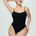 Close-up of black ribbed fabric texture on slim fit bodysuit with thin straps - S / Camisole Style / 37703 Black