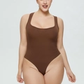 Detail showing the brown ribbed fabric and wide straps of the slim fit bodysuit - S / Wide Straps U-Neck(38915) / Brown
