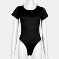 Detailed front view of a black short-sleeved bodysuit with round neck on a white mannequin - 3XL / Black (38380)