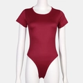 Slim fit burgundy crew neck short sleeve bodysuit for women with high-cut design - 3XL / Red (38380)