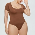 Detailed view of brown bodysuit featuring a deep U-neckline and high-stretch fabric texture - 3XL / Short Sleeve Square Neck Top (37314) / Brown