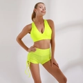 Neon yellow yoga set with V-neck sports tank top and side drawstring shorts in honeycomb fabric - S / Yellow Set