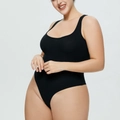 Detail of black ribbed knit bodysuit featuring U-neckline and soft elastic texture - S / Wide Straps U-Neck(38915) / Black