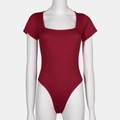 Detail of square neck wine red short sleeve bodysuit on a white mannequin torso - 3XL / Red (37314)