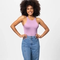 Detail of purple sleeveless bodysuit neck design and blue jeans with decorative stitching - 3XL / Top (37307) / Purple