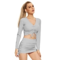 Women's grey two-piece set featuring V-neck drawstring crop top and bodycon skirt - S / Top And Bottom / Gray