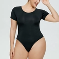 Close-up of slim fit black bodysuit featuring elastic knit fabric and round neckline - 3XL / Top (38380) / Black