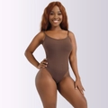 Detailed ribbed knit texture of a brown sleeveless bodysuit on a fashion model - M / Spaghetti Straps(37703) / Brown