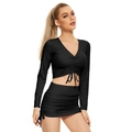 Slim fit black two-piece set featuring V-neck cropped top and drawstring mini skirt - S / Top And Bottom / Black