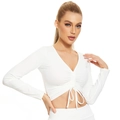 White long sleeve crop top with V-neckline and drawstring detail in soft stretch fabric - S / Tops / White