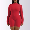 Close-up of bright red high-neck long-sleeve bodysuit with elastic thermal fabric texture - Red