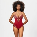 Detailansicht des tiefroten Bodysuits mit feiner Spitze und tiefem V-Ausschnitt-Design - 4XL / Rot