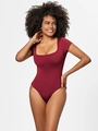 Slim fit square neck short sleeve bodysuit for women in burgundy stretch knit fabric - 3XL / Short Sleeve Square Neck Style / 37314 Wine Red
