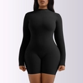 Detailed front view of women's black long sleeve bodysuit with half-turtleneck and slim fit - 2XL / Tops / Black