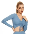 Morandi blue V-neck long sleeve crop top with drawstring detail for women's fitness - S / Tops / Blue