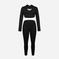 Tweeledige zwarte yogaset met crop top met capuchon en sportleggings met hoge taille - S / Zwarte Beha Leggings En Shrug