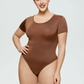 Detail of high-waist dark brown bodysuit with crew neck and short sleeves stretch fit - 3XL / Top (38380) / Brown