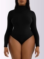 Women black long sleeve mock neck bodysuit with ribbed knit texture in a slim fit style - S / Long Sleeve High Neck Style / 32753 Black