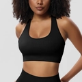 High-impact ribbed black sports bra with U-neckline and wide straps for gym yoga running - Black Bra Single Item