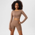Détails de l'ensemble de yoga sans couture avec taille côtelée large et passe-pouces aux manches - S / Haut Et Bas / Latte à la Noix de Coco