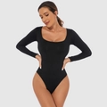 Slim fit black long sleeve bodysuit for women featuring a classic U-neck and high-cut leg - S / Long Sleeve / Black