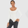 Slim fit long sleeve bodysuit for women in solid white with deep round neckline - S / Long Sleeve / White
