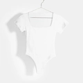 Minimalist white square neck short sleeve bodysuit with a slim fit and knit texture - 3XL / 37314 White