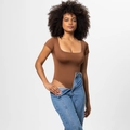 Short sleeve square neck bodysuit in brown stretch fabric with slim fit silhouette - 3XL / 37314 Brown