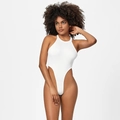 White ribbed halter bodysuit featuring high-cut leg and slim fit silhouette style - S / White