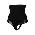 Detail of high waist shaping thong with exquisite black lace floral trim on high-stretch fabric - S / Black