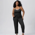 Plus size black ribbed jumpsuit with white lace trim and drawstring waist for home - S / Top And Bottom (Camisole Long Pants Style) / Black
