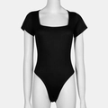 Slim fit square neck short sleeve bodysuit for women in solid black stretch fabric - 3XL / Black (37314)