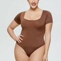 Women's plus size square neck bodysuit in chocolate brown with slim fit short sleeves - 3XL / Brown (37314)