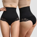 High-waist black tummy control panties with floral lace trim and body shaping effect - S / Black